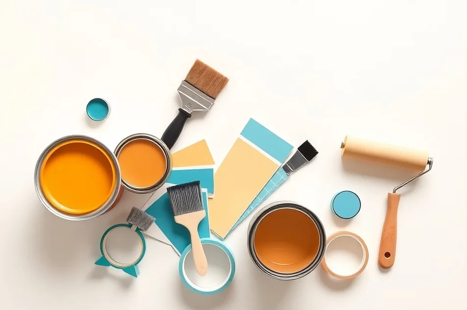 Pots de peinture, nuancier, brosses et rouleaux disposés à plat