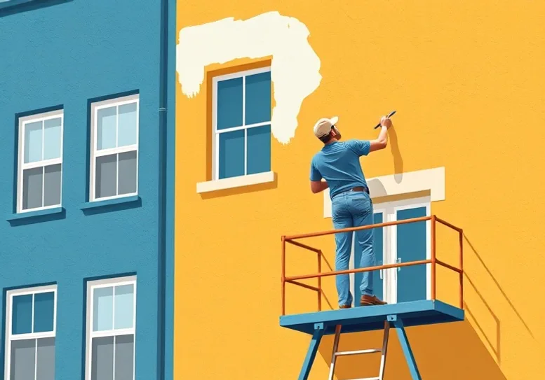 Peintre sur échafaudage traitant la façade d'une maison