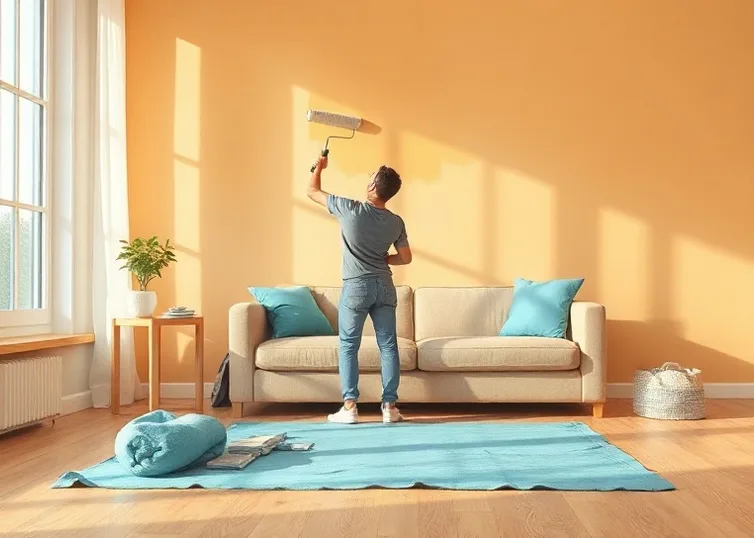 Peintre appliquant la peinture au rouleau sur un mur de salon